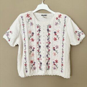 VTG Floral Embroidered Sweater Women XL Cottagecore Pastel Crochet Lace Trim